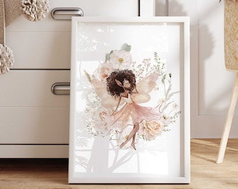 Stampa artistica con fata floreale per cameretta, decorazione per la camera delle bambine (download digitale)