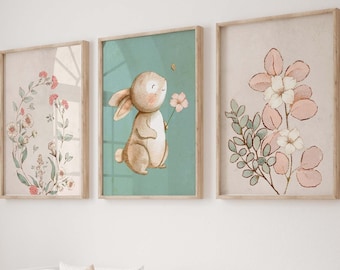 Láminas florales de conejito para habitación infantil, decoración rosa y verde (descarga digital)