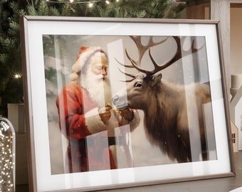 Vintage Santa and Reindeer Christmas Print, Cottagecore Festive Wall Art (Digital Download)