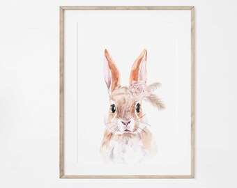 Baby Girl nursery wall art, Nursery decor, Bunny Rabbit Print, Baby Animal art, Boho Nursery Animals Wall Art, Woodland Animals, Neutral