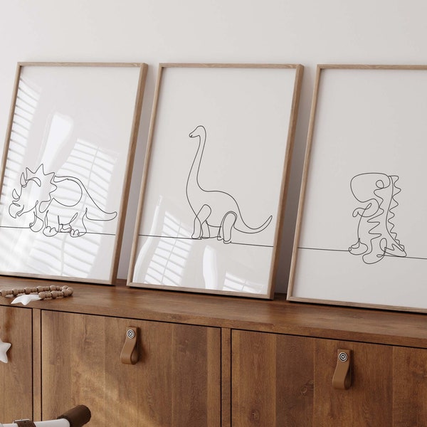 Set of 3 Dinosaur line art Prints, Jurassic dinosaurs, minimalist nursery decor, Nursery wall art, baby boy nursery prints, Nursery prints