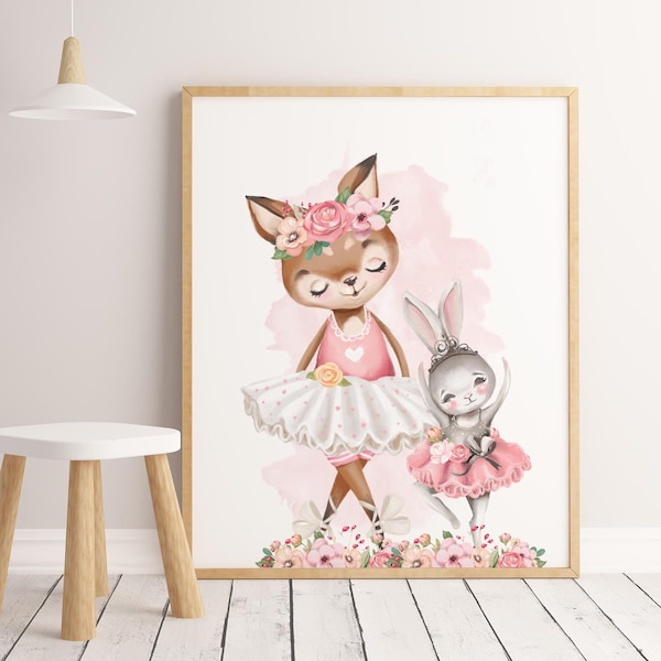 Waldtier Ballerina Druck, Kleiner Bär und Hase tanzen, Kinderzimmer Wandkunst, Kinderzimmer Dekor, Mädchen Schlafzimmer Druck, wunderliche Druck