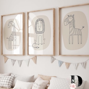 Safari Nursery decor, Safari nursery prints, Nursery wall art, Set of 3 Safari outlined baby animal prints, Beige nursery, kids room decor,