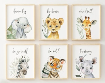 Printable Set of 6 Safari Animal Nursery wall art prints.  Safari Nursery decor, Digital Nursery print, Kids wall art, Gender Neutral prints