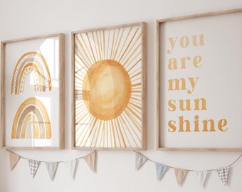 Boho Nursery Sunshine prints, You are my sunshine, Boho nursery decor, Sun wall art, Rainbow prints, retro nursery art, Nursery wall art