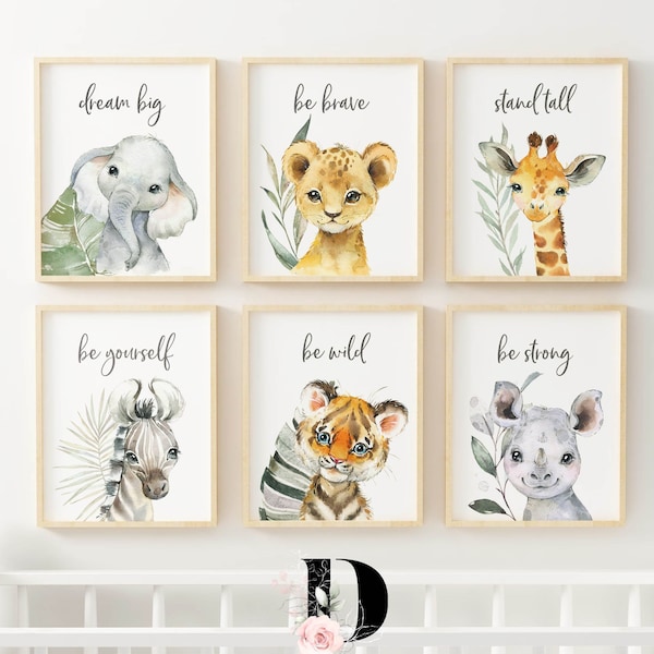Druckbares Set mit 6 Safari-Tier-Wandkunstdrucken für das Kinderzimmer. Safari-Kinderzimmer-Dekor, digitaler Kinderzimmer-Druck, Kinder-Wandkunst, geschlechtsneutrale Drucke