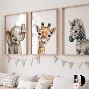 Set of 3 Safari Nursery baby animal prints, Safari nursery wall art, jungle nursery decor, Nursery decor, Kids room decor, Playful prints