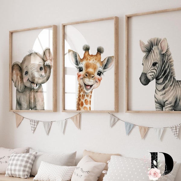 Set of 3 Safari Nursery baby animal prints, Safari nursery wall art, jungle nursery decor, Nursery decor, Kids room decor, Playful prints