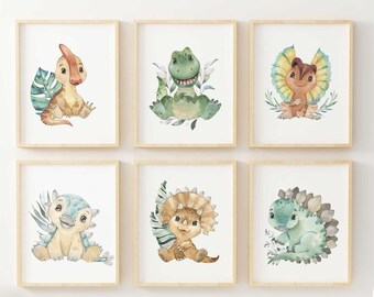 恐竜の保育園プリント、水彩画の赤ちゃん動物アート（6枚セット）（デジタルダウンロード）
