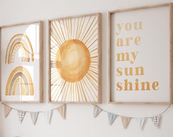 You are my sunshine Nursery wall art print set of 3, Nursery printable, Boho nursery prints, Nursery decor, Sun wall art, Rainbow prints