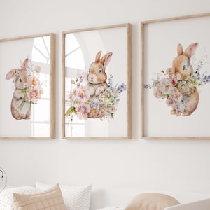 Whimsical Woodland Bunnies and Wildflowers Nursery wall art prints, Set of 3, Boho nursery decor, Baby girl nursery, Nursery printable