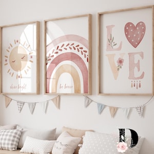 Boho Rainbow Set van 3 kinderkamerafdrukken, meisje kinderkamer kunst aan de muur, kinderkamer decor, bevestiging muurafdrukken, Rainbow Sun print, Boho kinderkamer decor