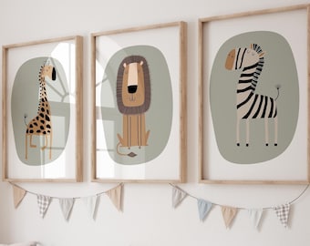 Safari Nursery Prints Set of 3, Digital Animal Wall Art, Sage Green Nursery Decor, Boho Safari Printable, Lion Giraffe Zebra Art, Printable