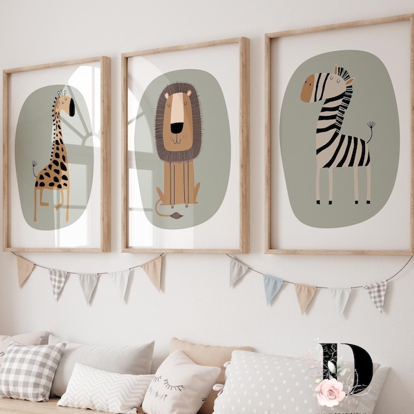 Safari Nursery Wall Prints, Nursery Decor, Boho Nursery Prints, Set of 3 Prints, Sage Green Nursery Prints, Nursery Wall Art, Animal prints