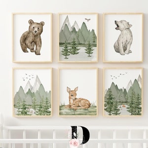 Printable Woodland animal Nursery wall art, Mountain wall art, Adventure theme nursery, Forest sage green, Forest animals, nursery decor