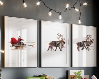 Set of 3 Christmas wall art prints, Santa Claus and Reindeers wall art, Holiday decor, Festive wall decor, Santa Clause print, Reindeer art