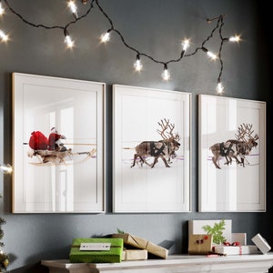 Set of 3 Christmas wall art prints, Santa Claus and Reindeers wall art, Holiday decor, Festive wall decor, Santa Clause print, Reindeer art