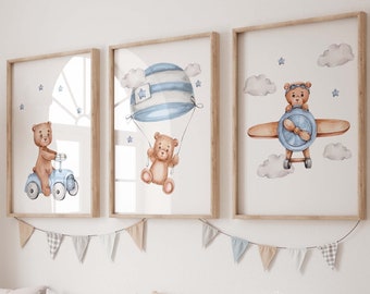 Teddy Bear Transport Nursery Prints, Set of 3