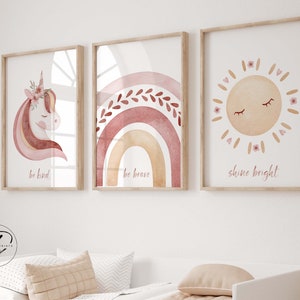 Juego de 3 piezas de arte de pared con diseño de unicornio y arcoíris, arte de unicornio imprimible, decoración de habitación de niñas, impresiones de unicornio, rubor rosado, impresión de sol, decoración de habitación de bebé