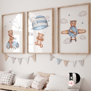 Set of 3 Teddy Bear nursery prints, Nursery decor, Nursery wall art, Boys nursery print, new baby gift, Bear nursery poster, Transport art