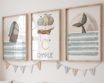 Personalized Nautical Nursery Art Set with Under the Sea Whale Prints, Hot Air balloon adventure, Whale prints, Nautical boat wall art