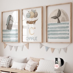 Personalized Nautical Nursery Art Set with Under the Sea Whale Prints, Hot Air balloon adventure, Whale prints, Nautical boat wall art