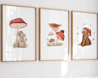 Woodland Animal Nursery Print, Mushroom Decor