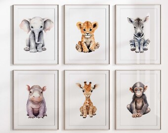 Safari Animal Nursery Prints, Set of 6, Kids Room Decor (Digital Download)