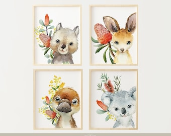 Australian Animal Nursery Prints, Koala, Kangaroo, Wombat, Platypus (Digital Download)