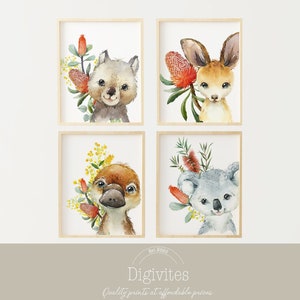 Set of 4 Australian Animal nursery wall art downloadable files.  Wombat, Koala, Kangaroo & Platypus with native Australian flowers. Neutral