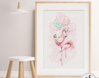 Baby, Girl Nursery Bedroom Wall art | Ballerina Flamingo with balloons. Ballet print, girls nursery print, Girl bedroom poster