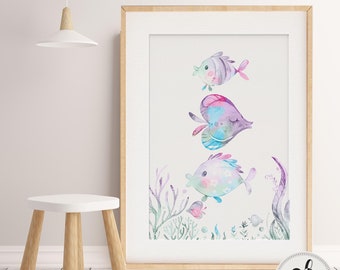 Baby, Girl nursery decor. Mermaid, Fish Nursery wall art Print. Little Girls bedroom. Georgeous Fish under the sea in pastel colours