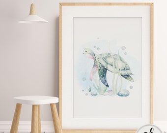 Girl, Boy nursery decor.  Marine Life Nursery wall art. Kids Bedroom Wall Art, Turtle Wall Art, Watercolour Ocean, Unisex Print Watercolour