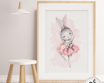 Baby, Girl Nursery Bedroom Wall art | Ballerina Bunny with gorgeous florals. Ballet print, girls nursery print, Girls bedroom poster