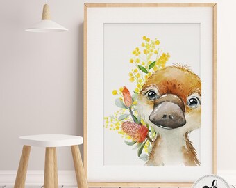 Girl, Boy nursery decor, Platypus Nursery wall art, Girls Boys Room print, Platypus Wall Art, Watercolour, Australian Nursery, Native flower