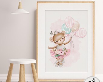 Baby, Girl Nursery Bedroom Wall art | Ballerina bear holding onto her balloons. Ballet print, girls nursery print, Girls bedroom poster