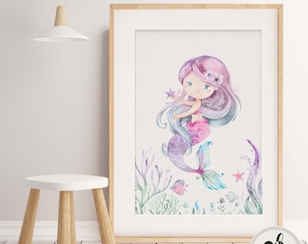 Baby, Girl nursery decor. Mermaid Nursery wall art Print. Little Girls bedroom. Georgeous mermaid under the sea in lovely soft colours