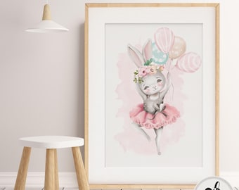 Baby, Girl Nursery Bedroom Wall art | Ballerina Bunny with gorgeous florals balloons. Ballet print, girls nursery print, Girl bedroom poster