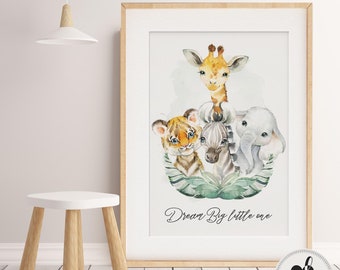 Baby, Boy, Girl nursery decor.  Elephant Nursery Print, Jungle Animals Nursery Print, Baby Animals, Dream Big Little One Wall Art, Unisex