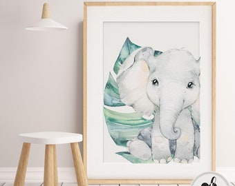 Baby, Boy, Girl nursery decor.  Elephant Nursery Print, Jungle Animals Nursery Print, Baby Animals, Botanical, Neutral Nursery