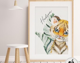 Baby, Boy, Girl nursery decor.  Tiger Nursery Print, Jungle Animals Nursery Print, Baby Animals, Botanical, Name Art, Neutral Nursery