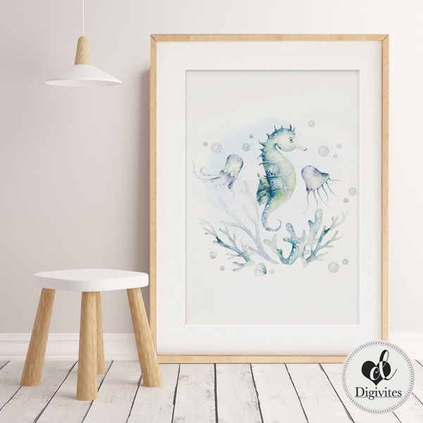 Girl, Boy nursery decor.  Marine Life Nursery wall art. Kids Bedroom Wall Art, sea horse Wall Art, Ocean, Unisex Print Watercolour