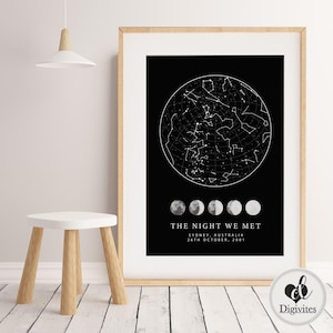 Night we met Star Map Print, Star Chart print, Night sky map, Custom Star map print, Constellation print, Christmas Gift, Moon phases