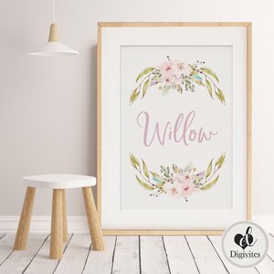 Baby, Girl nursery decor.  Watercolour Personalised custom Nursery wall art Print. Little Girl bedroom print, Boho Floral wreath Wall art