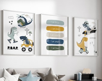 Dinosaur Transport Nursery Prints, Boys Room Decor (Digital Download)