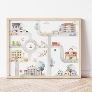 Fahrzeug Poster, Jungen Schlafzimmer Dekor, Müllauto Poster, Transport Autos, Stadtplan Kunst, Einsatzfahrzeuge, Kleinkinder Druck, Spielzimmer