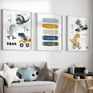 Set di 3 stampe murali per la cameretta dei bambini, decorazioni per la cameretta dei bambini, arte da parete per affermazioni, decorazioni per la camera dei ragazzi, stampe per il trasporto di veicoli, dinosauri stampabili