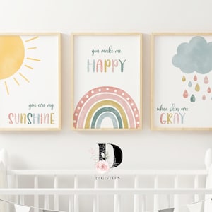 Boho nursery prints, rainbow nursery, Gender Neutral, You are my sunshine, Set of 3, Printable Nursery art, Nursery wall art, Sunshine print