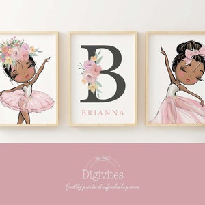 Black girl Ballerina Art print, Set of 3 Ballerina Prints personalised, name sign print. Girls nursery decor, Ballerina Nursery prints