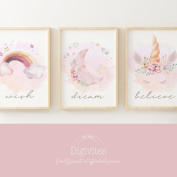 Set of 3 Unicorn wall art prints featuring a Rainbow, Cloud and Unicorn face with dream, wish and believe. printable unicorn art, Girls room